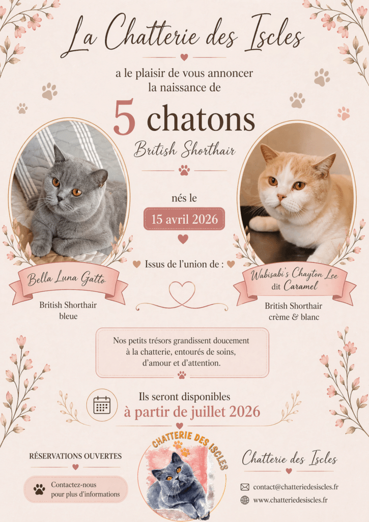 Naissance de 5 chatons British Shorthair le 15 avril 2026 à la Chatterie des Iscles. Parents : Bella Luna et Caramel.