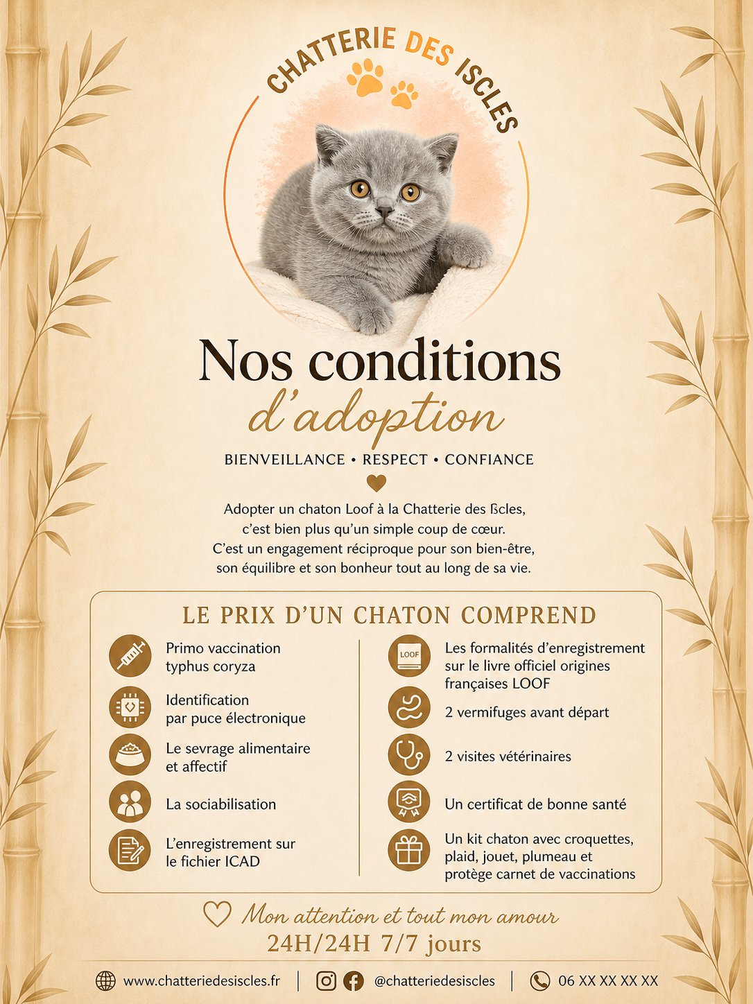 Conditions d'adoption d'un chaton LOOF à la Chatterie des Iscles : vaccins, puce, santé et kit de départ inclus.